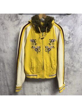 Vintage Lucky Brand Womens Hoodie Japan Embroidered Souvenir Faux Fur Y2K RARE